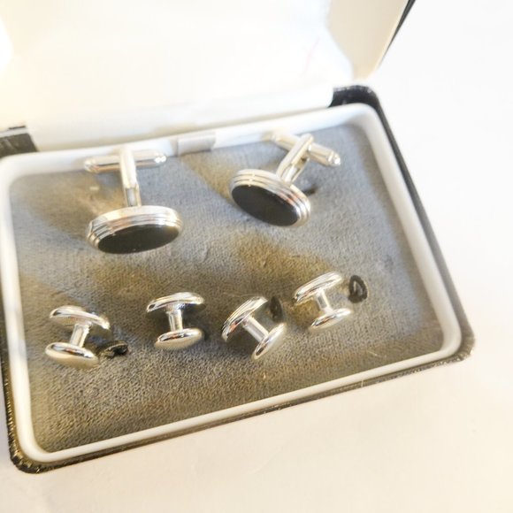 silver and onyx cufflinks and studs - Picture 2 of 3
